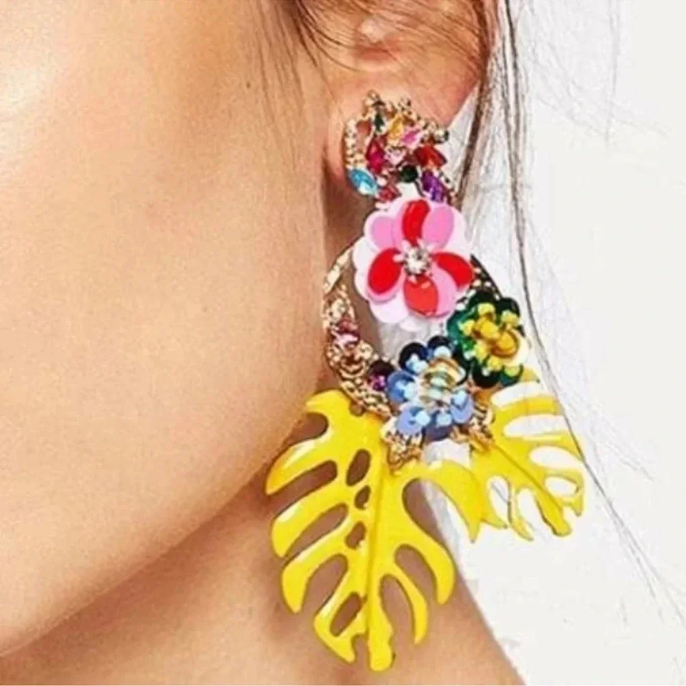 Zara Rio Tropical Monstera Yellow Leaves Drop Earrings - Picture 4 of 8